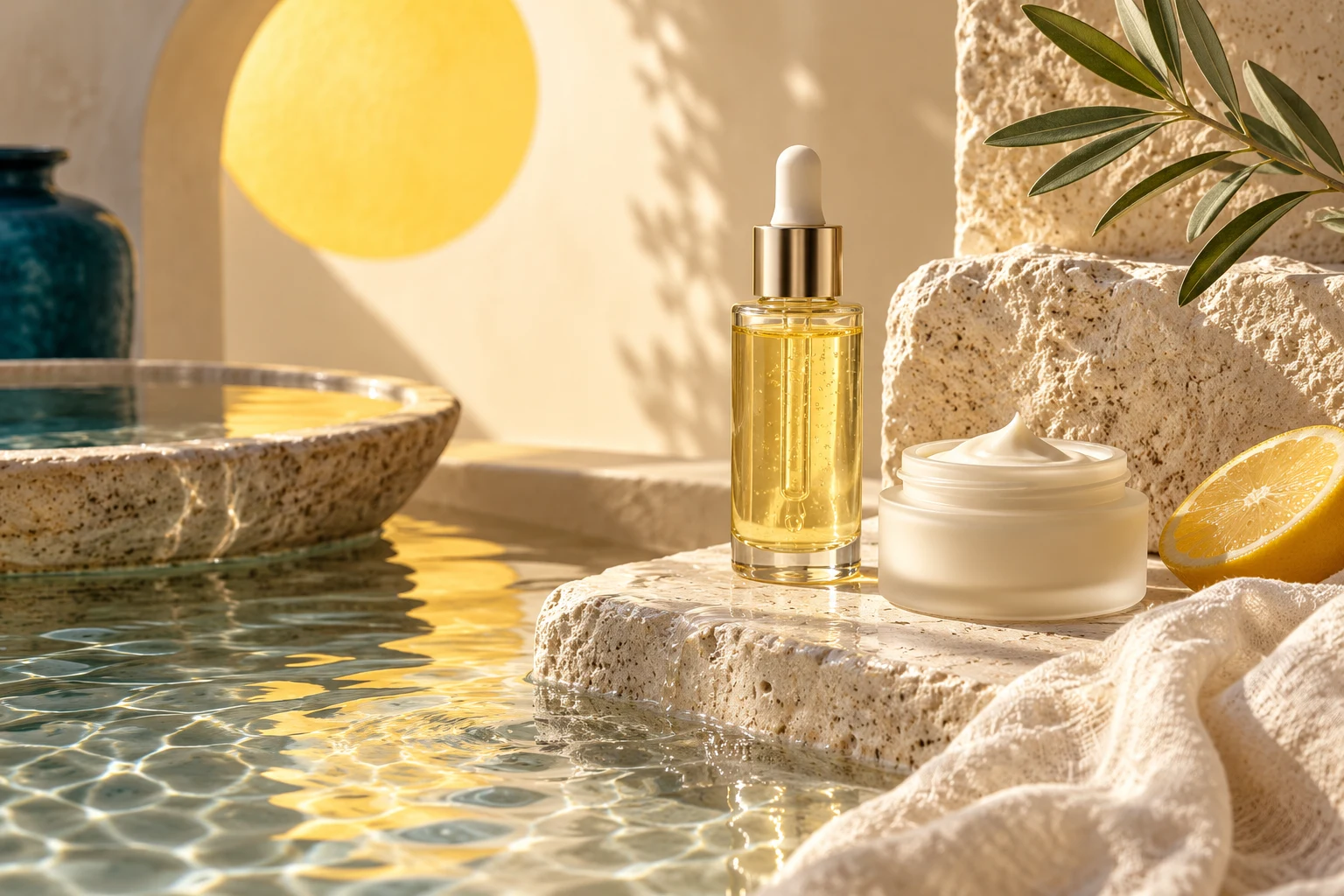 Sunlit skincare still life with an unlabelled glass bottle, cream jar, water and linen